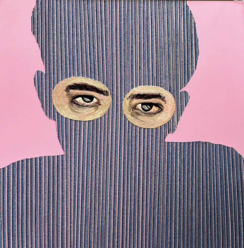 melike-kus-dead-eyes-series-eye-to-eye-2023-tuval-uzerine-karisik-teknik-nakis-isleme-el-orgu-ipi-akrilik-boya-200x200-cm-i%cc%87stanbul-turkiye
